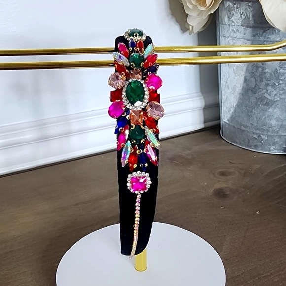 Accessories - Embellished Black Headband with Multicolor Gems